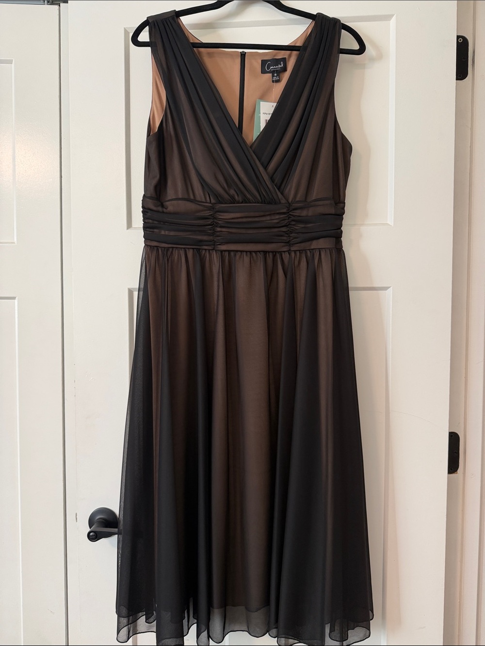 connected apparel Black V-Neck Midi Dress with Ruched Waist